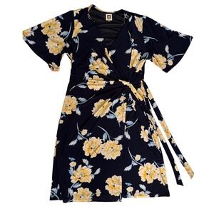Anne Klein Navy Yellow Floral Wrap Dress Short Sleeve Mini Women's 0X